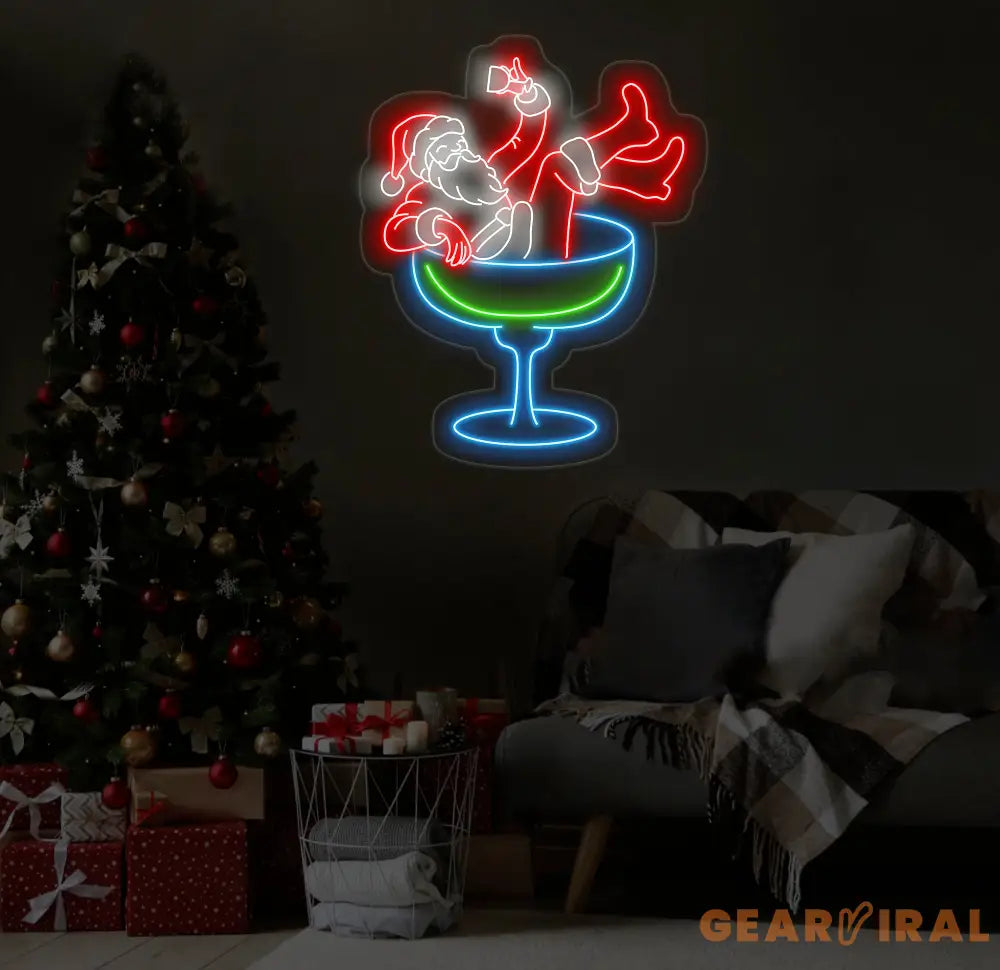 Santa Drinking Martini Neon Sign - Merry Christmas LED Light Santa Claus Neon Sign Martini Cocktail Wall Art Festive