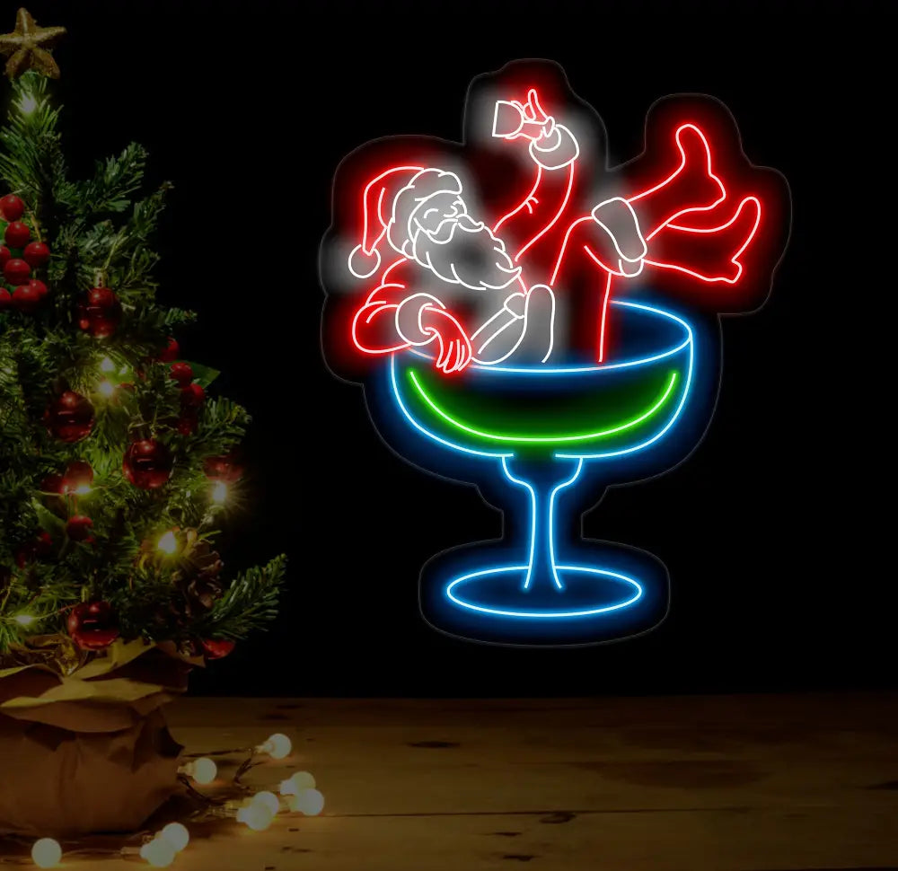 Santa Drinking Martini Neon Sign - Merry Christmas LED Light Santa Claus Neon Sign Martini Cocktail Wall Art Festive