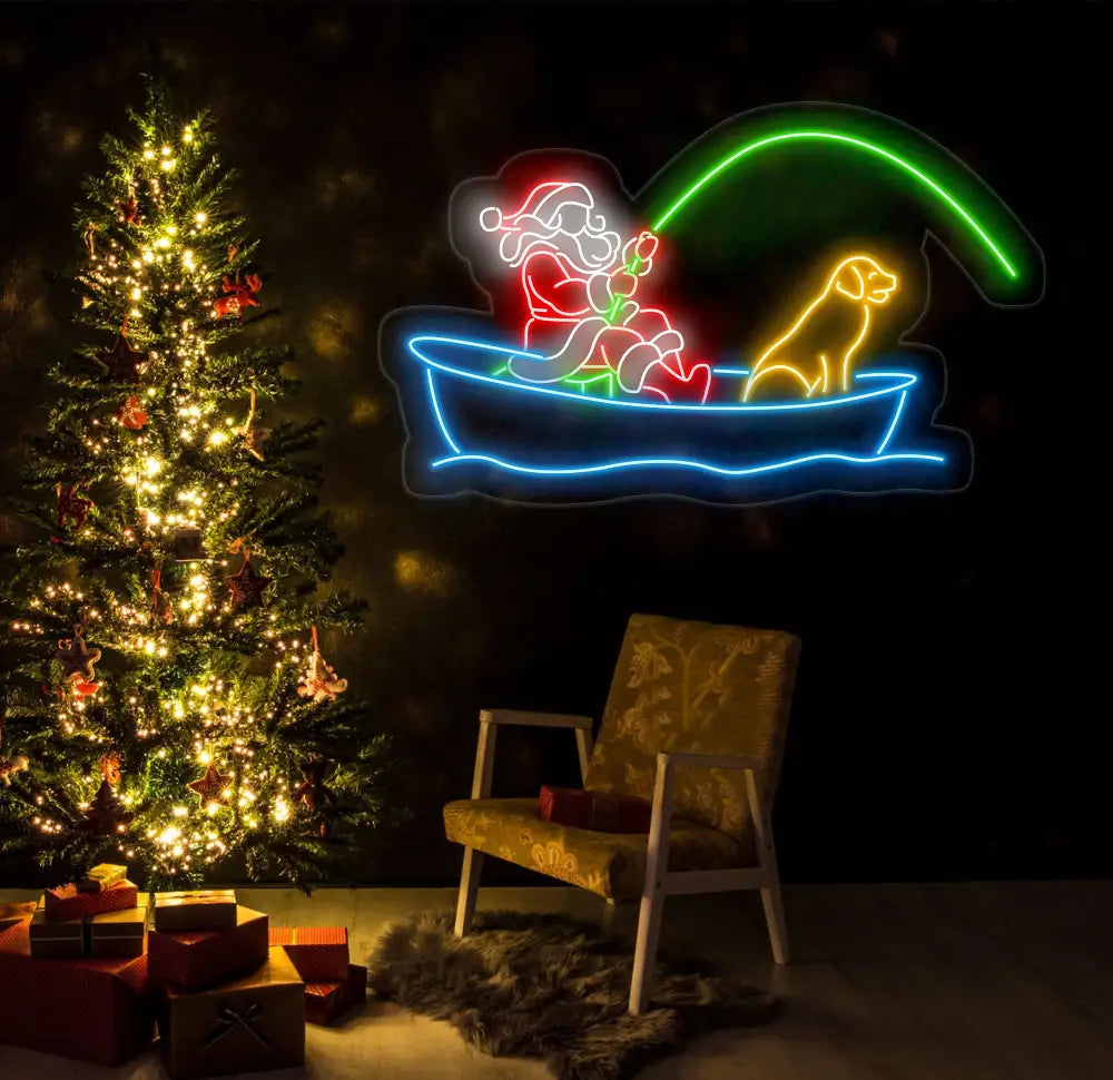 Santa Fishing Neon Sign - Merry Christmas LED Light Santa Claus Wall Art Festive Santa Neon Sign Holiday House Wall