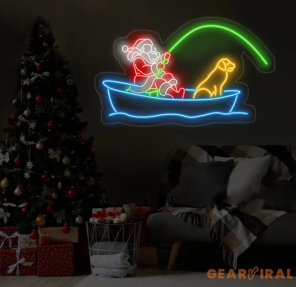 Santa Fishing Neon Sign - Merry Christmas LED Light Santa Claus Wall Art Festive Santa Neon Sign Holiday House Wall