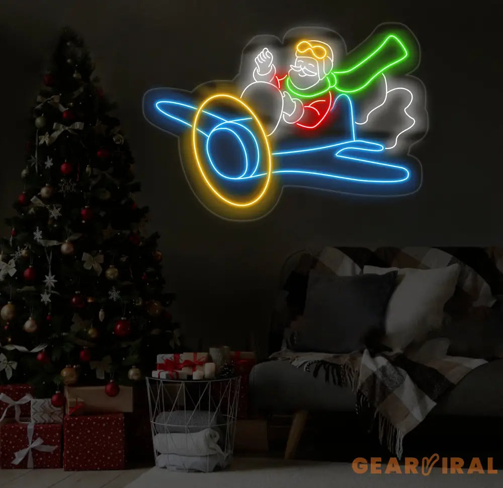 Santa Flying Red Airplane Neon Sign - Merry Christmas LED Sign Santa Claus Wall Art Festive LED Light Christmas House