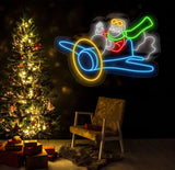 Santa Flying Red Airplane Neon Sign - Merry Christmas LED Sign Santa Claus Wall Art Festive LED Light Christmas House