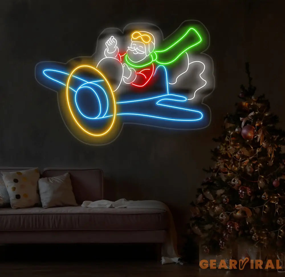 Santa Flying Red Airplane Neon Sign - Merry Christmas LED Sign Santa Claus Wall Art Festive LED Light Christmas House