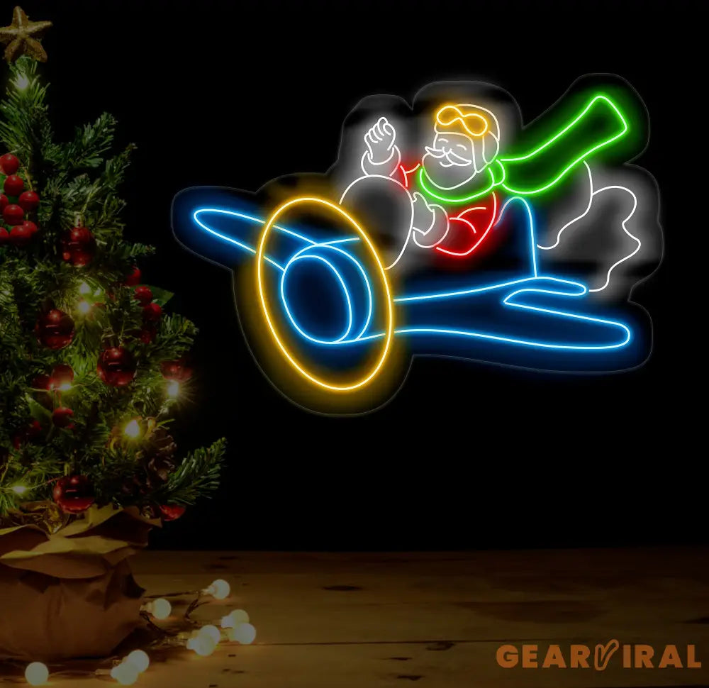 Santa Flying Red Airplane Neon Sign - Merry Christmas LED Sign Santa Claus Wall Art Festive LED Light Christmas House