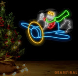 Santa Flying Red Airplane Neon Sign - Merry Christmas LED Sign Santa Claus Wall Art Festive LED Light Christmas House