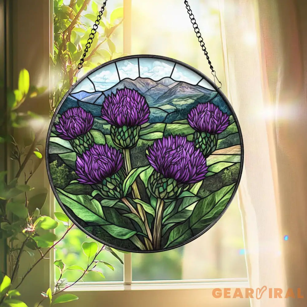 Scottish Thistle Stained Glass Suncatcher Highland Floral Window Hanging Purple Flower Round Panel Nature Gift for