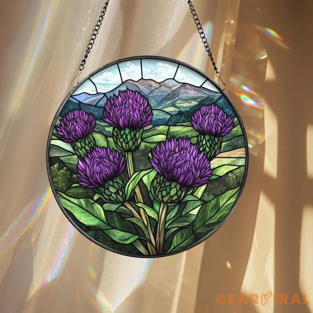 Scottish Thistle Stained Glass Suncatcher Highland Floral Window Hanging Purple Flower Round Panel Nature Gift for