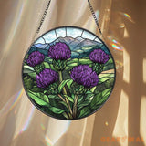 Scottish Thistle Stained Glass Suncatcher Highland Floral Window Hanging Purple Flower Round Panel Nature Gift for