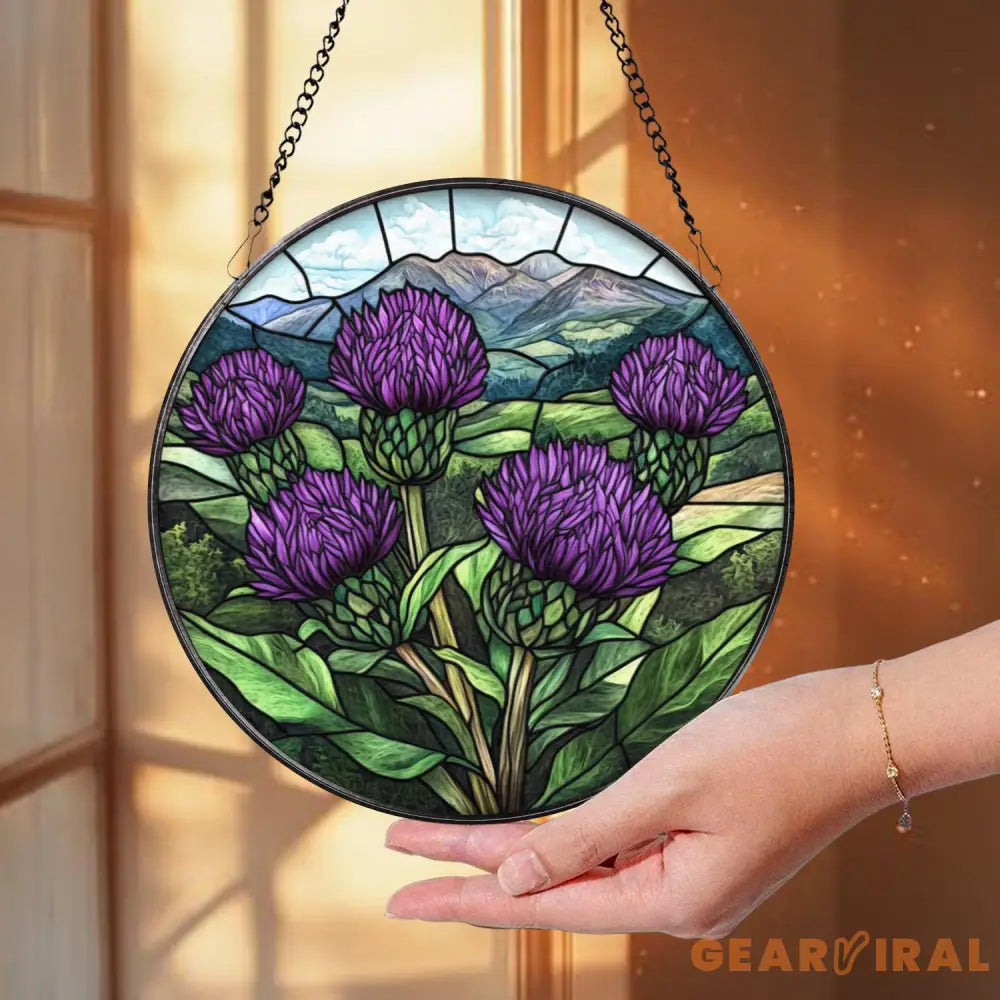 Scottish Thistle Stained Glass Suncatcher Highland Floral Window Hanging Purple Flower Round Panel Nature Gift for