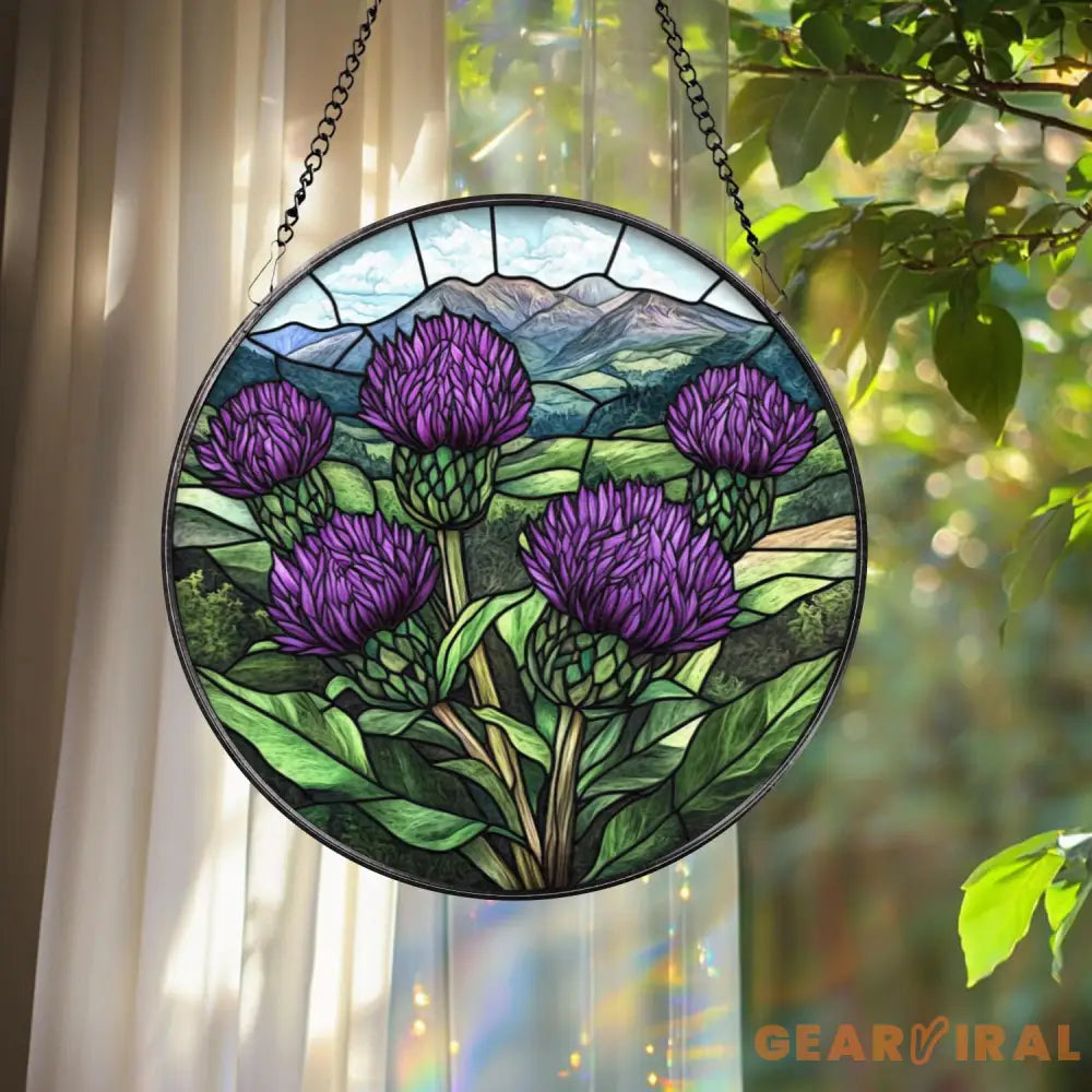 Scottish Thistle Stained Glass Suncatcher Highland Floral Window Hanging Purple Flower Round Panel Nature Gift for