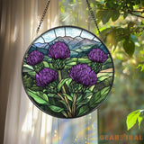 Scottish Thistle Stained Glass Suncatcher Highland Floral Window Hanging Purple Flower Round Panel Nature Gift for