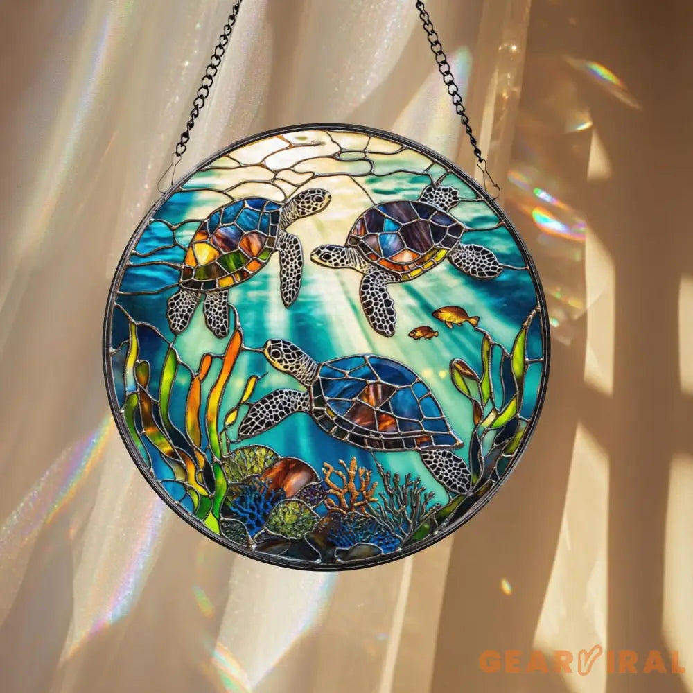 Sea Turtle Stained Glass Suncatcher Ocean Window Hanging Art Marine Life Decor Coastal Gift for Beach Lover Underwater