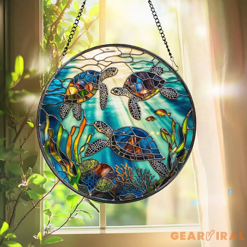 Sea Turtle Stained Glass Suncatcher Ocean Window Hanging Art Marine Life Decor Coastal Gift for Beach Lover Underwater
