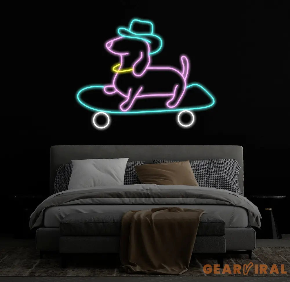 Skateboard Dachshund Neon Sign Cute Cowboy Hat Dog LED Neon Light Light Up Sign for Bedroom Decor Pet Shop Art Wall