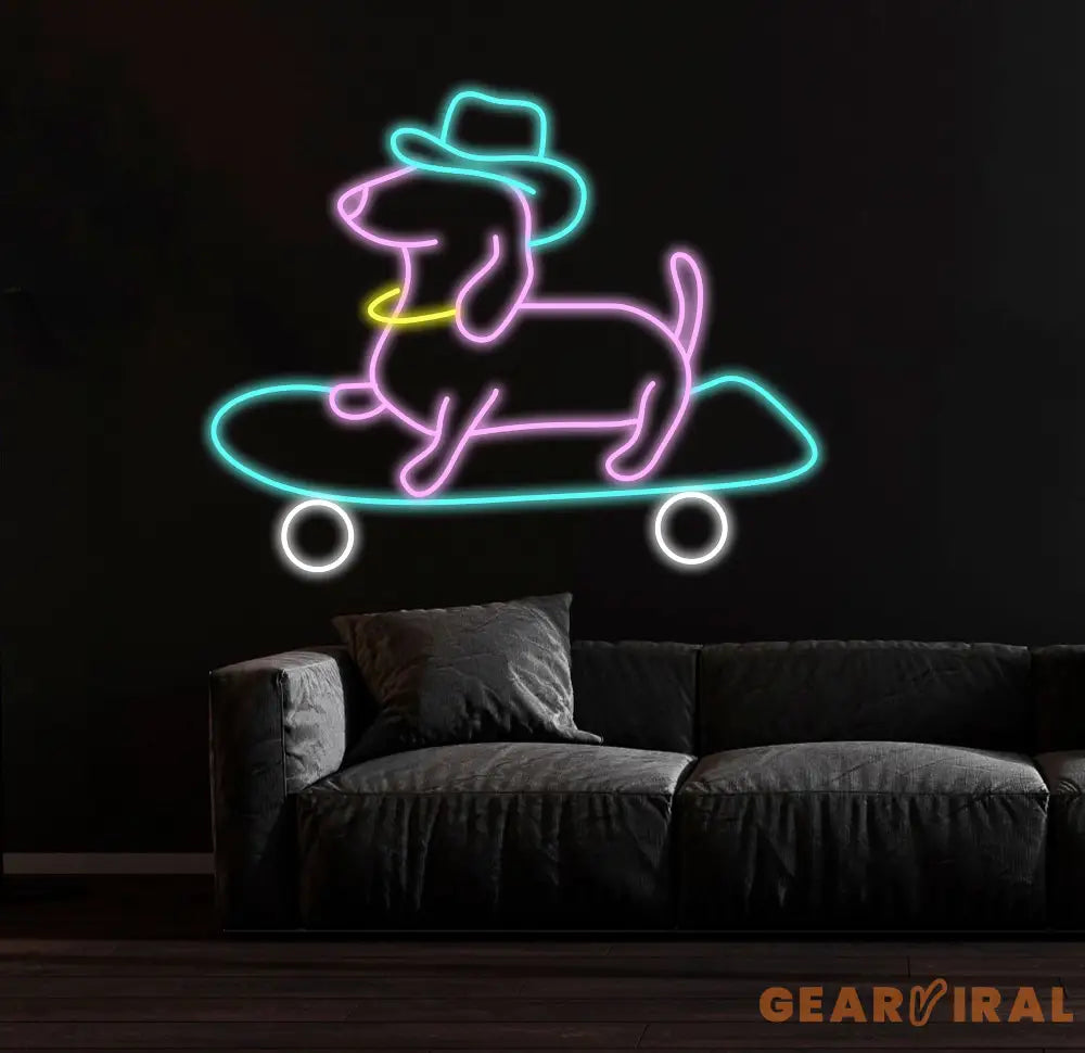 Skateboard Dachshund Neon Sign Cute Cowboy Hat Dog LED Neon Light Light Up Sign for Bedroom Decor Pet Shop Art Wall