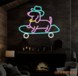 Skateboard Dachshund Neon Sign Cute Cowboy Hat Dog LED Neon Light Light Up Sign for Bedroom Decor Pet Shop Art Wall