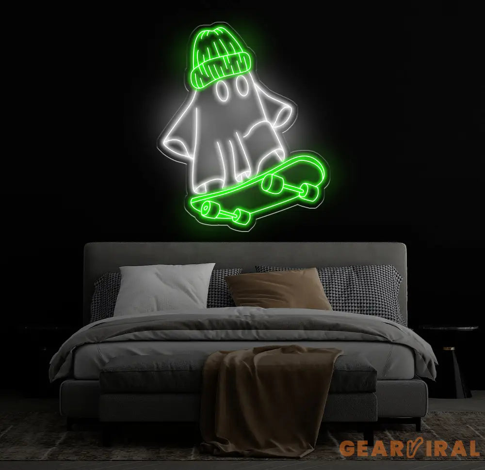 Skater Ghost Neon Sign - Cool Ghost with Skateboard LED Light Custom Wall Decor Skateboarder Room Art Fun Halloween