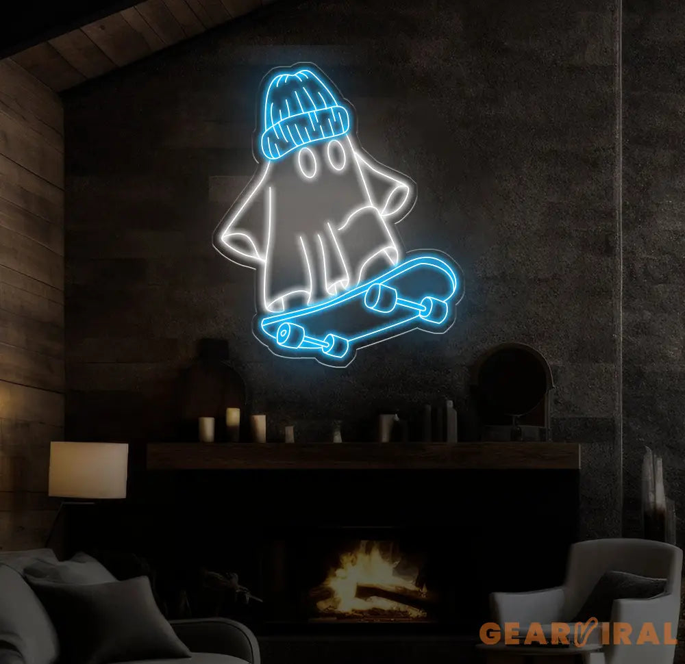 Skater Ghost Neon Sign - Cool Ghost with Skateboard LED Light Custom Wall Decor Skateboarder Room Art Fun Halloween