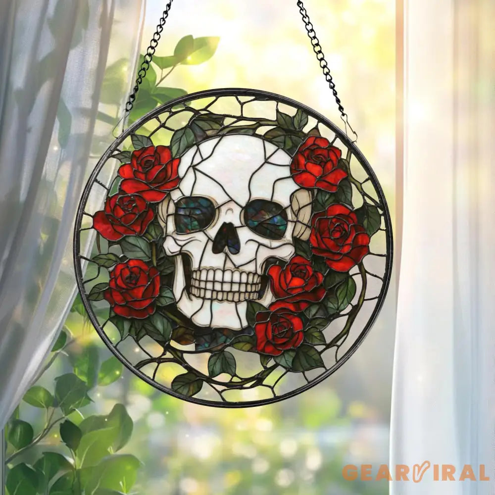 Skull and Rose Gothic Stained Glass Suncatcher Halloween Window Hanging Spooky Floral Art Gothic Gift Dark Aesthetic