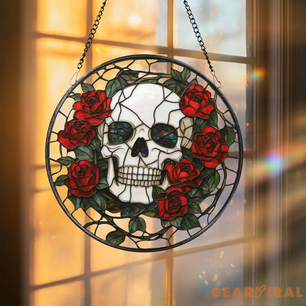 Skull and Rose Gothic Stained Glass Suncatcher Halloween Window Hanging Spooky Floral Art Gothic Gift Dark Aesthetic
