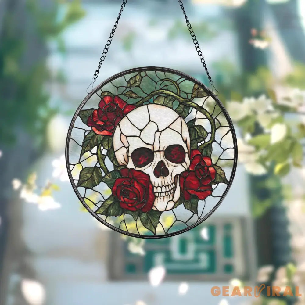 Skull and Rose Gothic Stained Glass Suncatcher Halloween Window Hanging Spooky Floral Art Unique Gift for Gothic Friend
