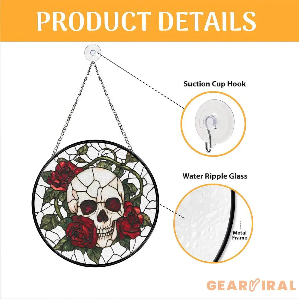 Skull and Rose Gothic Stained Glass Suncatcher Halloween Window Hanging Spooky Floral Art Unique Gift for Gothic Friend