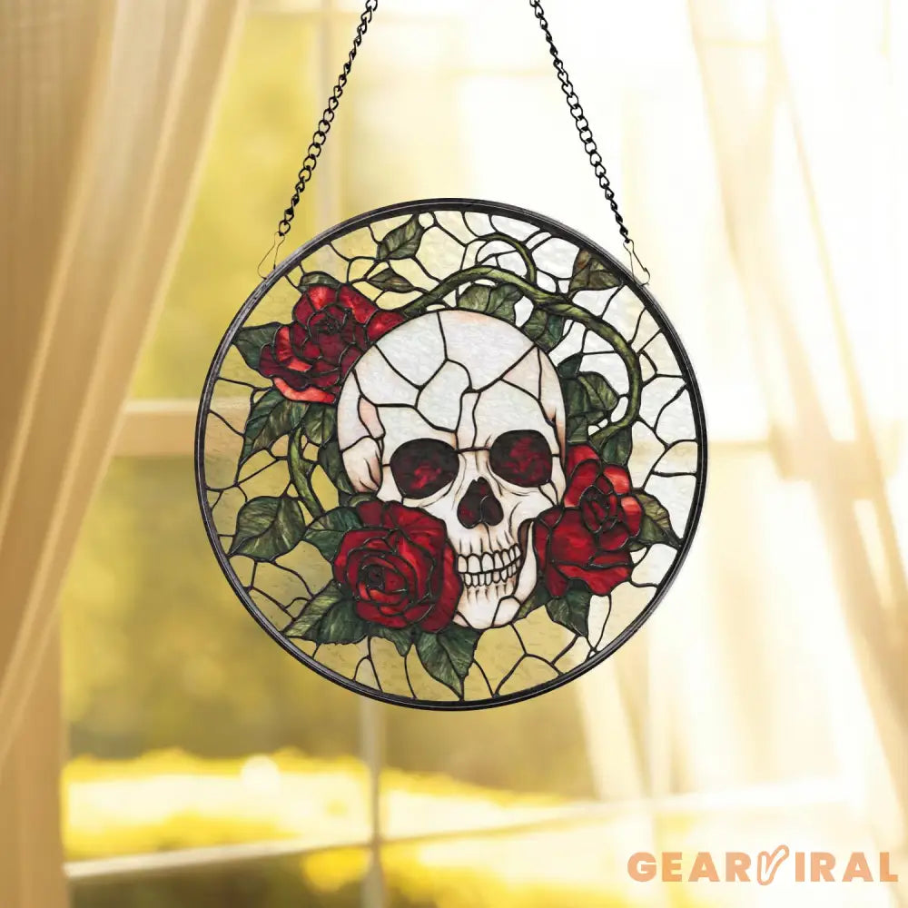 Skull and Rose Gothic Stained Glass Suncatcher Halloween Window Hanging Spooky Floral Art Unique Gift for Gothic Friend