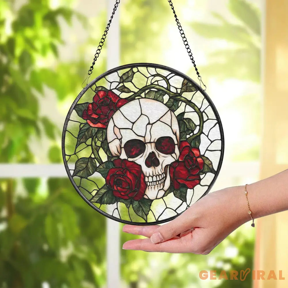 Skull and Rose Gothic Stained Glass Suncatcher Halloween Window Hanging Spooky Floral Art Unique Gift for Gothic Friend