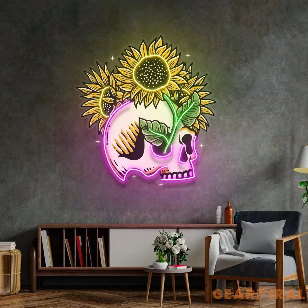 Skull Sun Flowers LED Neon Sign Light Pop Art