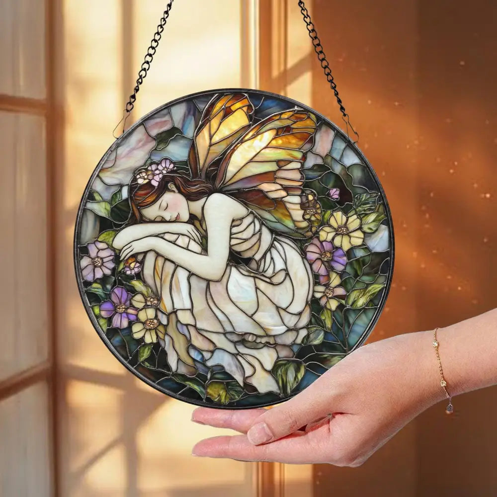 Sleeping Fairy Suncatcher Stained Glass Fairy Decor Whimsical Window Hanging Fantasy Gift for Her Enchanted Fairy Room