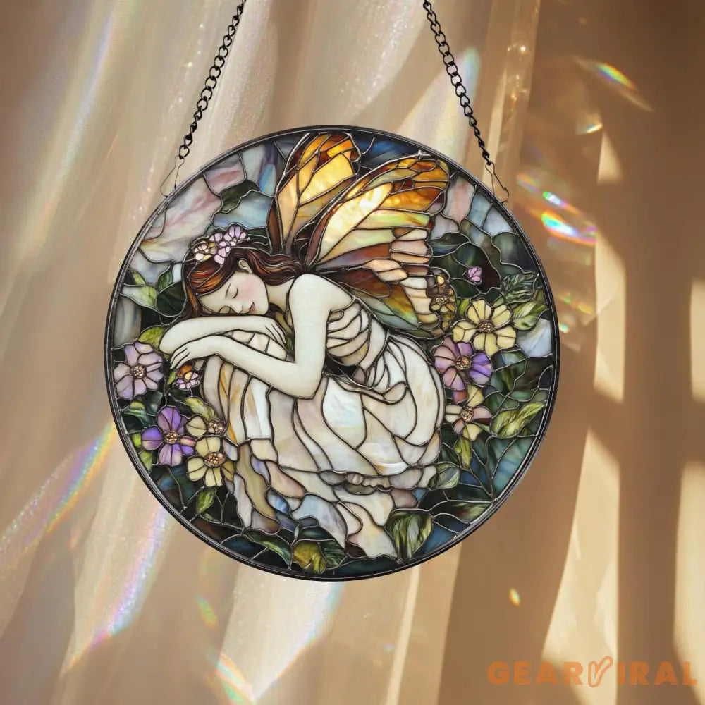 Sleeping Fairy Suncatcher Stained Glass Fairy Decor Whimsical Window Hanging Fantasy Gift for Her Enchanted Fairy Room