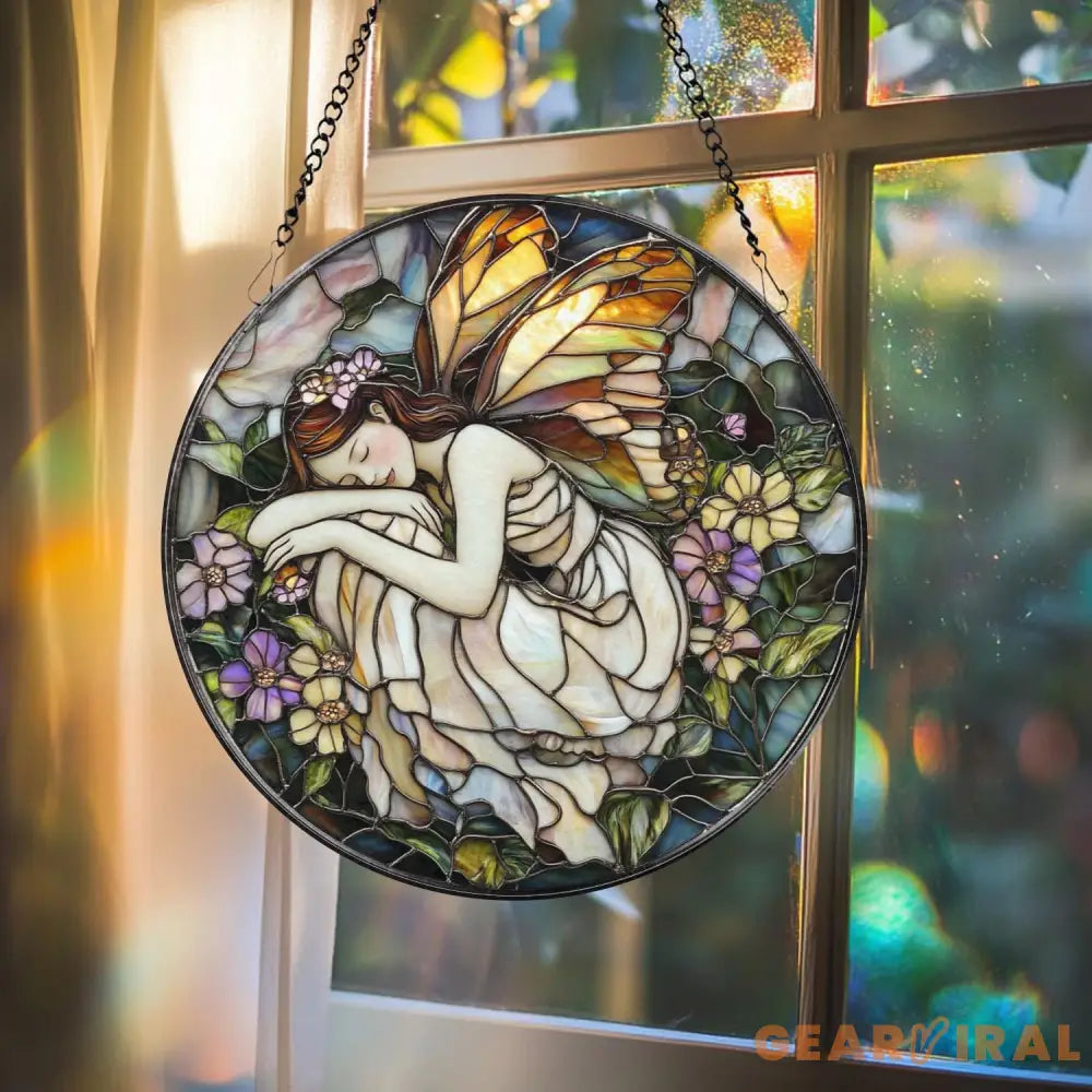 Sleeping Fairy Suncatcher Stained Glass Fairy Decor Whimsical Window Hanging Fantasy Gift for Her Enchanted Fairy Room