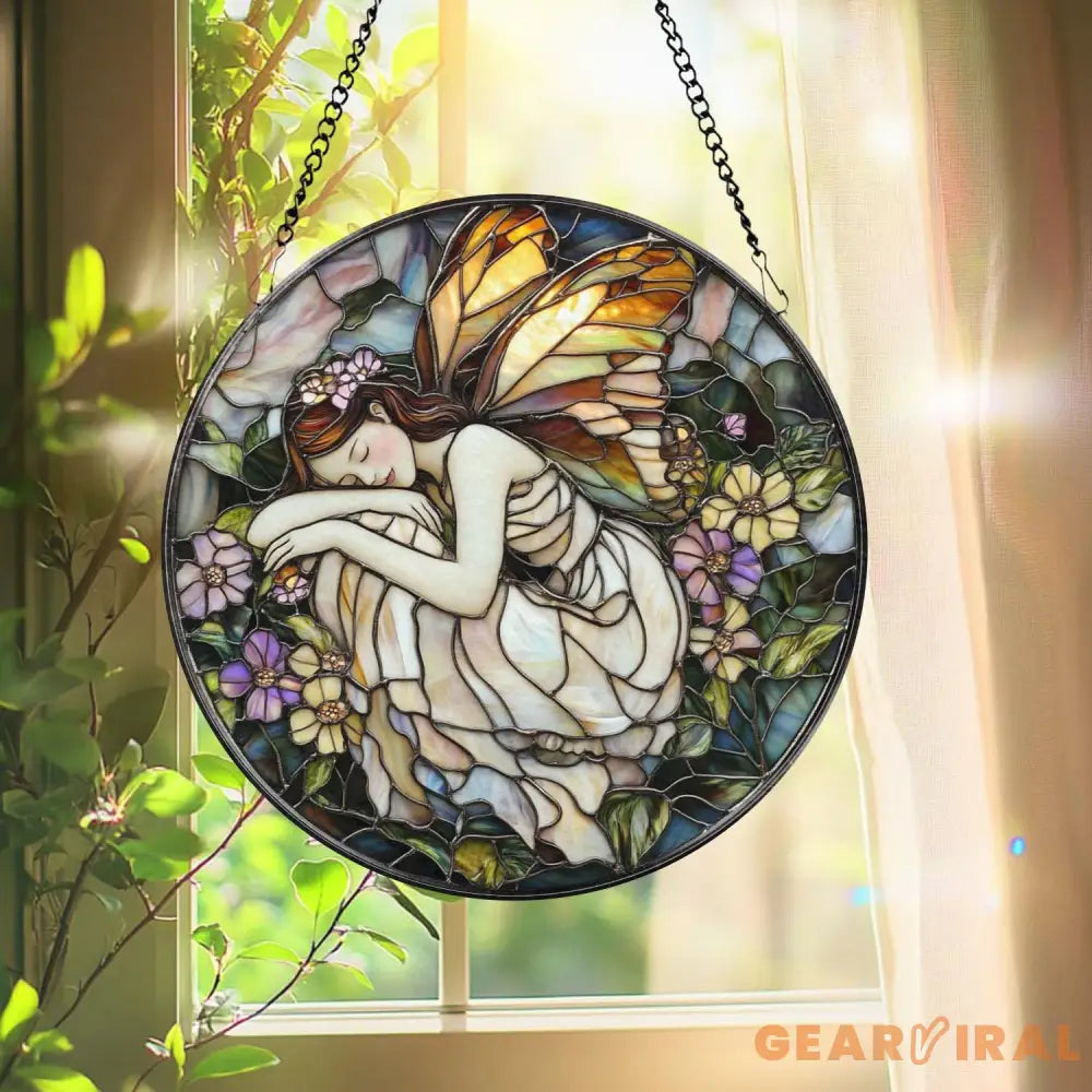 Sleeping Fairy Suncatcher Stained Glass Fairy Decor Whimsical Window Hanging Fantasy Gift for Her Enchanted Fairy Room