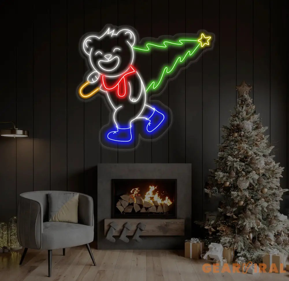 Smiling Bear Carrying A Christmas Tree Neon Sign Bear Christmas Led Sign Merry Christmas Neon Light Christmas Tree Wall