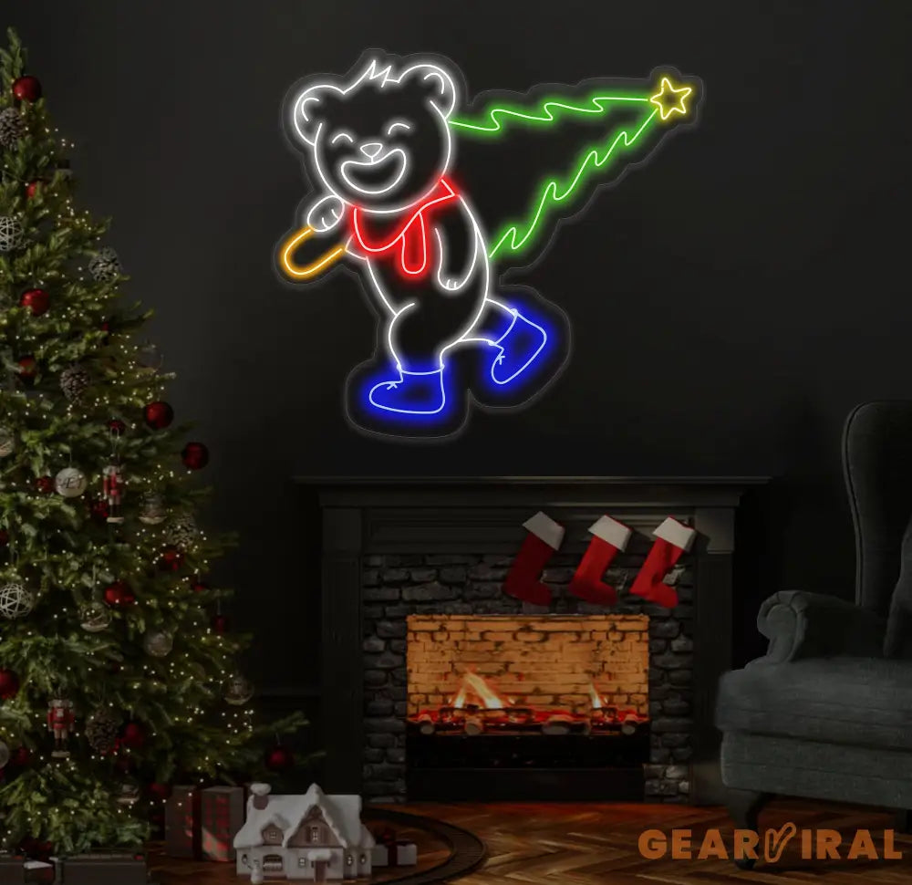 Smiling Bear Carrying A Christmas Tree Neon Sign Bear Christmas Led Sign Merry Christmas Neon Light Christmas Tree Wall