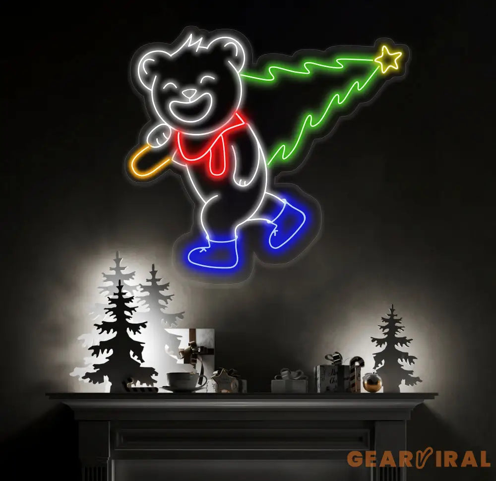 Smiling Bear Carrying A Christmas Tree Neon Sign Bear Christmas Led Sign Merry Christmas Neon Light Christmas Tree Wall