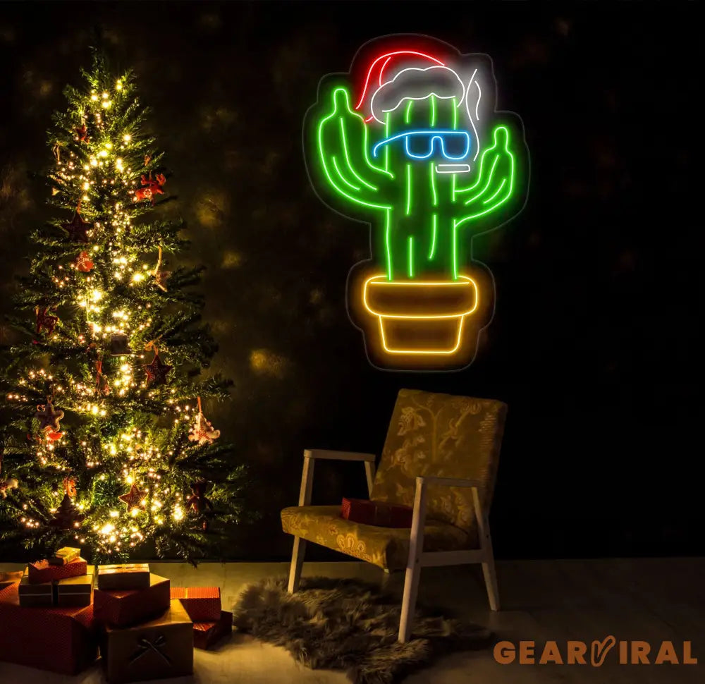 Smoking Cactus Christmas Neon Sign - Funny Santa Hat LED Light Custom Holiday Wall Decor Cool Cactus Smoking Neon Art