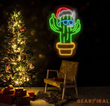 Smoking Cactus Christmas Neon Sign - Funny Santa Hat LED Light Custom Holiday Wall Decor Cool Cactus Smoking Neon Art