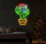 Smoking Cactus Christmas Neon Sign - Funny Santa Hat LED Light Custom Holiday Wall Decor Cool Cactus Smoking Neon Art