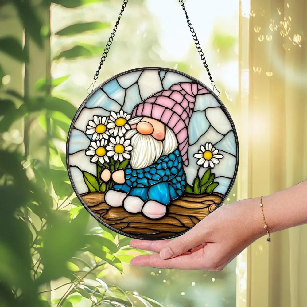 Spring Gnome Stained Glass Suncatcher Cute Flower Gnome Window Hanging Whimsical Fairy Garden Decor Gift for Nature or