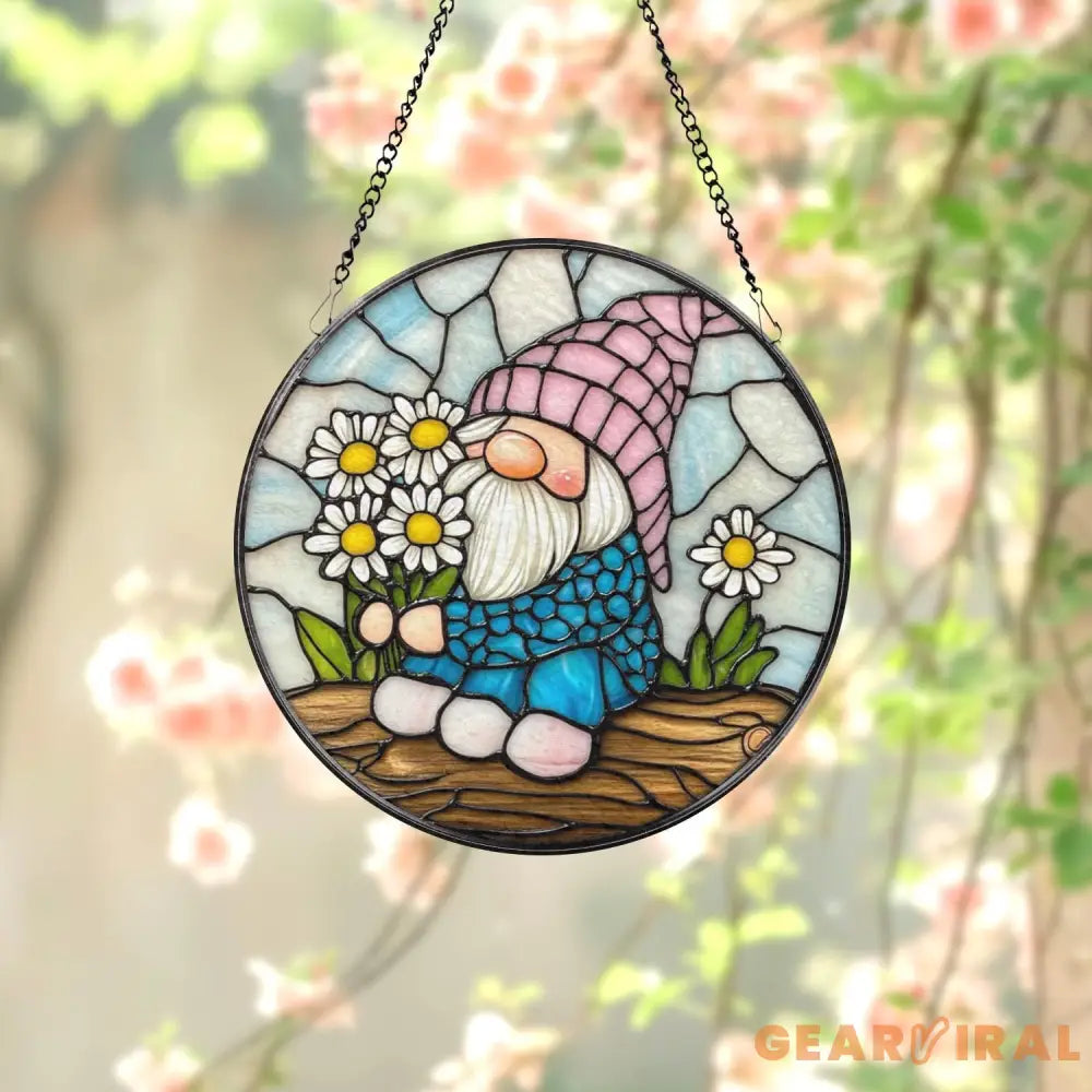 Spring Gnome Stained Glass Suncatcher Cute Flower Gnome Window Hanging Whimsical Fairy Garden Decor Gift for Nature or
