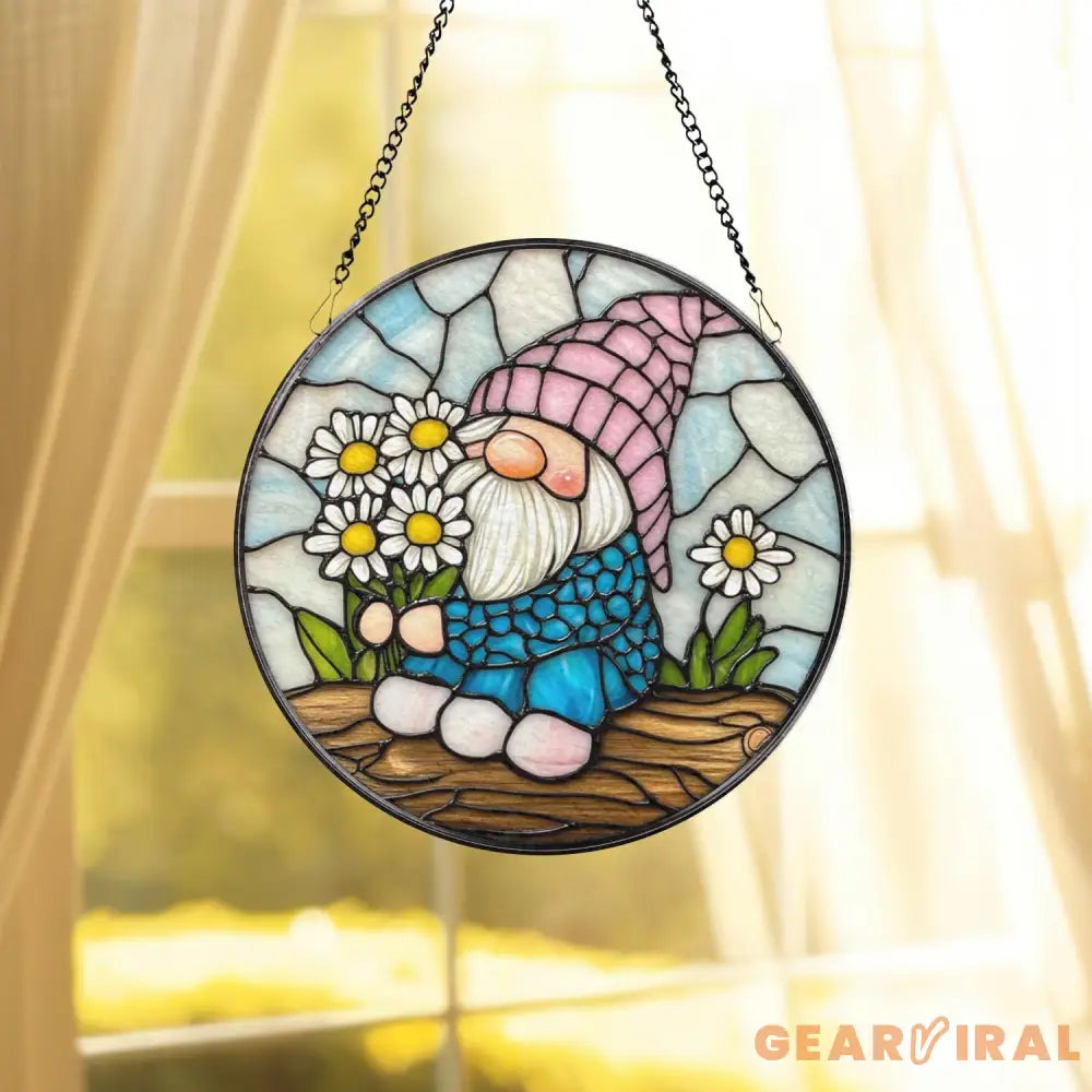 Spring Gnome Stained Glass Suncatcher Cute Flower Gnome Window Hanging Whimsical Fairy Garden Decor Gift for Nature or