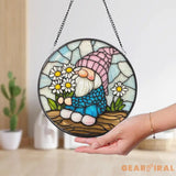 Spring Gnome Stained Glass Suncatcher Cute Flower Gnome Window Hanging Whimsical Fairy Garden Decor Gift for Nature or