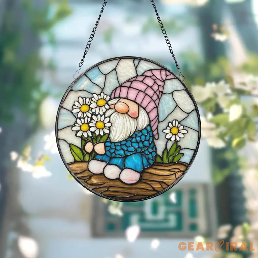 Spring Gnome Stained Glass Suncatcher Cute Flower Gnome Window Hanging Whimsical Fairy Garden Decor Gift for Nature or
