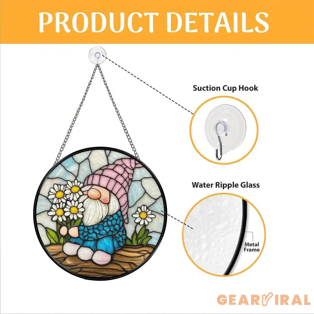 Spring Gnome Stained Glass Suncatcher Cute Flower Gnome Window Hanging Whimsical Fairy Garden Decor Gift for Nature or