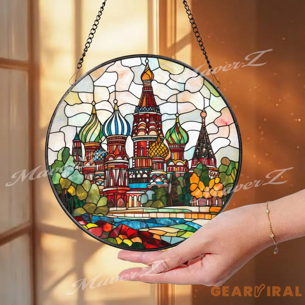 St. Basil Cathedral Stained Glass Suncatcher Russia Landmark Window Hanging Decor Colorful Travel Gift Moscow