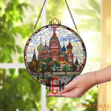 St. Basil’s Cathedral Stained Glass Suncatcher Colorful Russian Landmark Window Art Moscow Travel Gift Round Historical