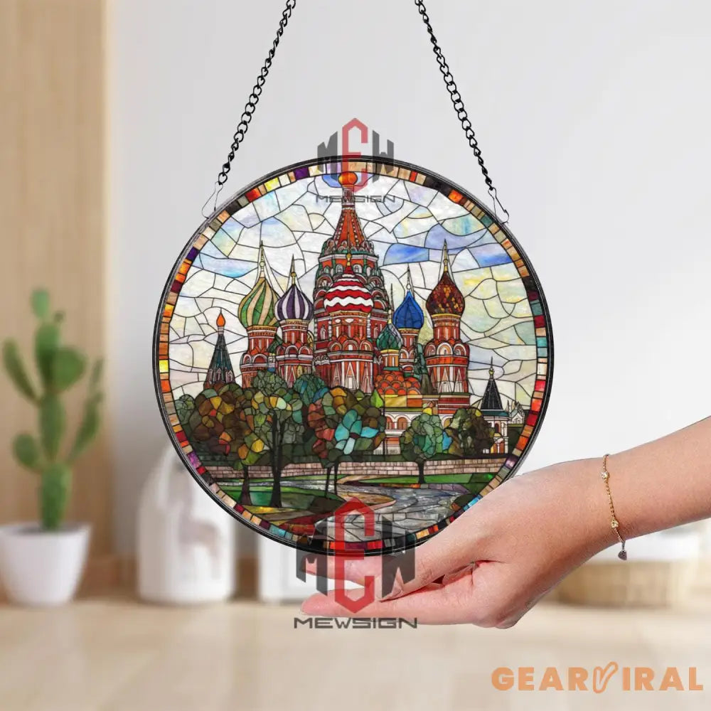 St. Basil’s Cathedral Stained Glass Suncatcher Colorful Russian Landmark Window Art Moscow Travel Gift Round Historical