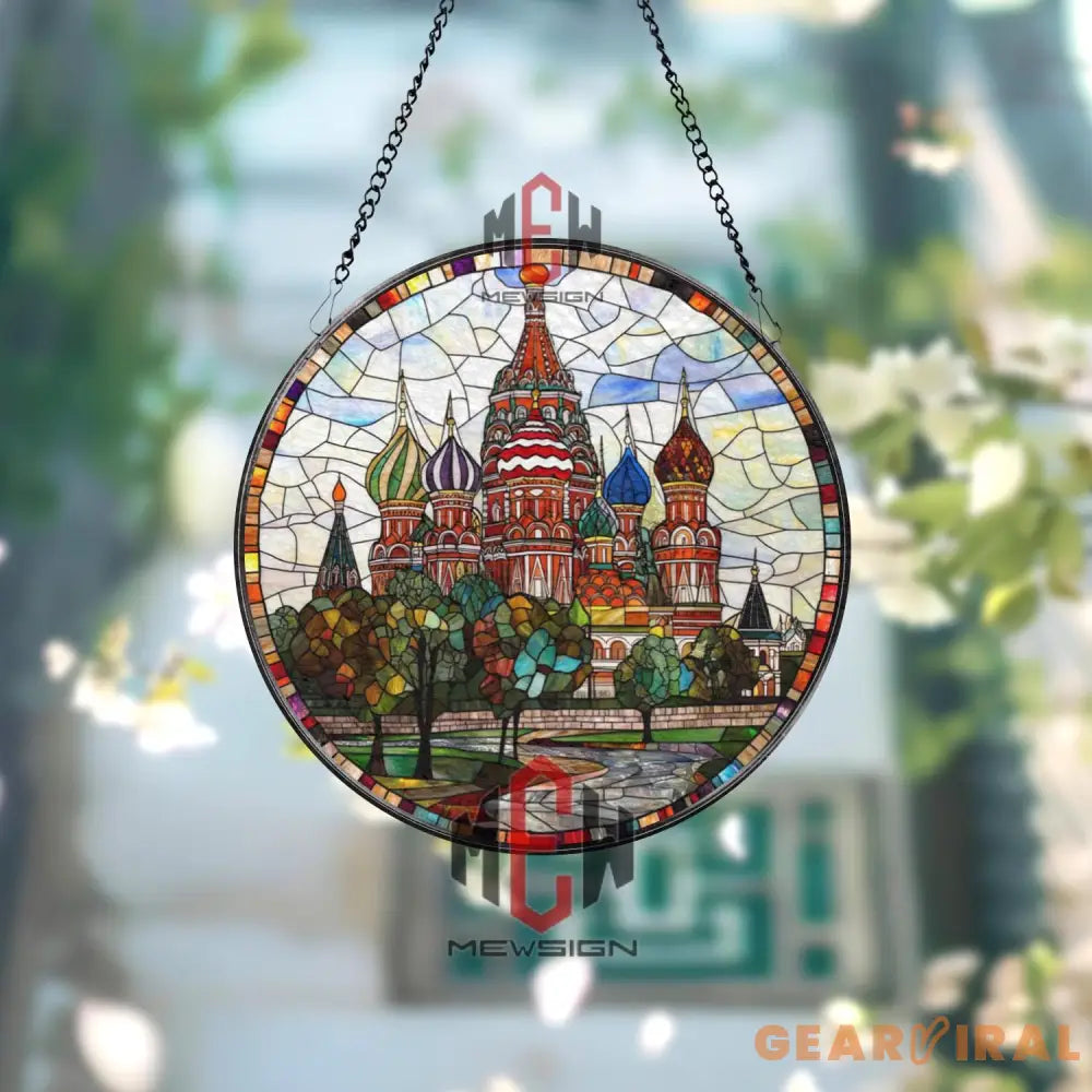 St. Basil’s Cathedral Stained Glass Suncatcher Colorful Russian Landmark Window Art Moscow Travel Gift Round Historical