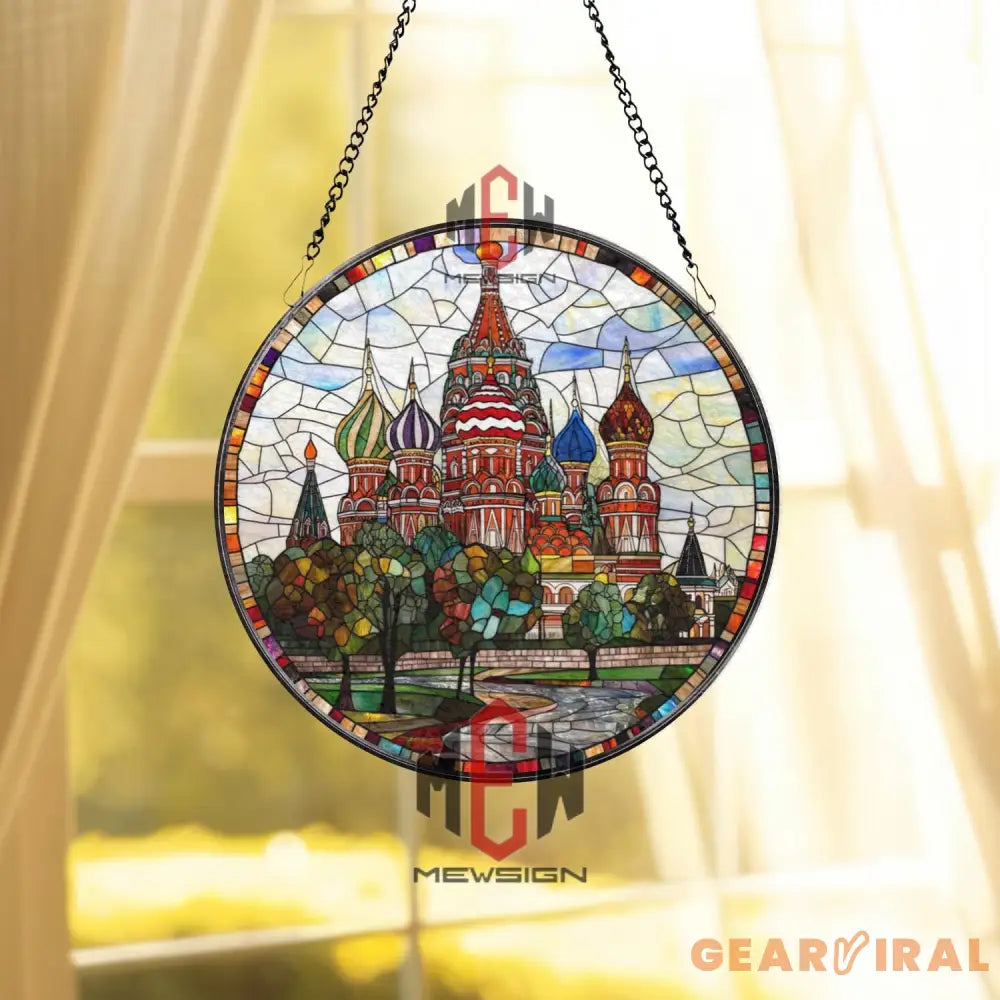 St. Basil’s Cathedral Stained Glass Suncatcher Colorful Russian Landmark Window Art Moscow Travel Gift Round Historical